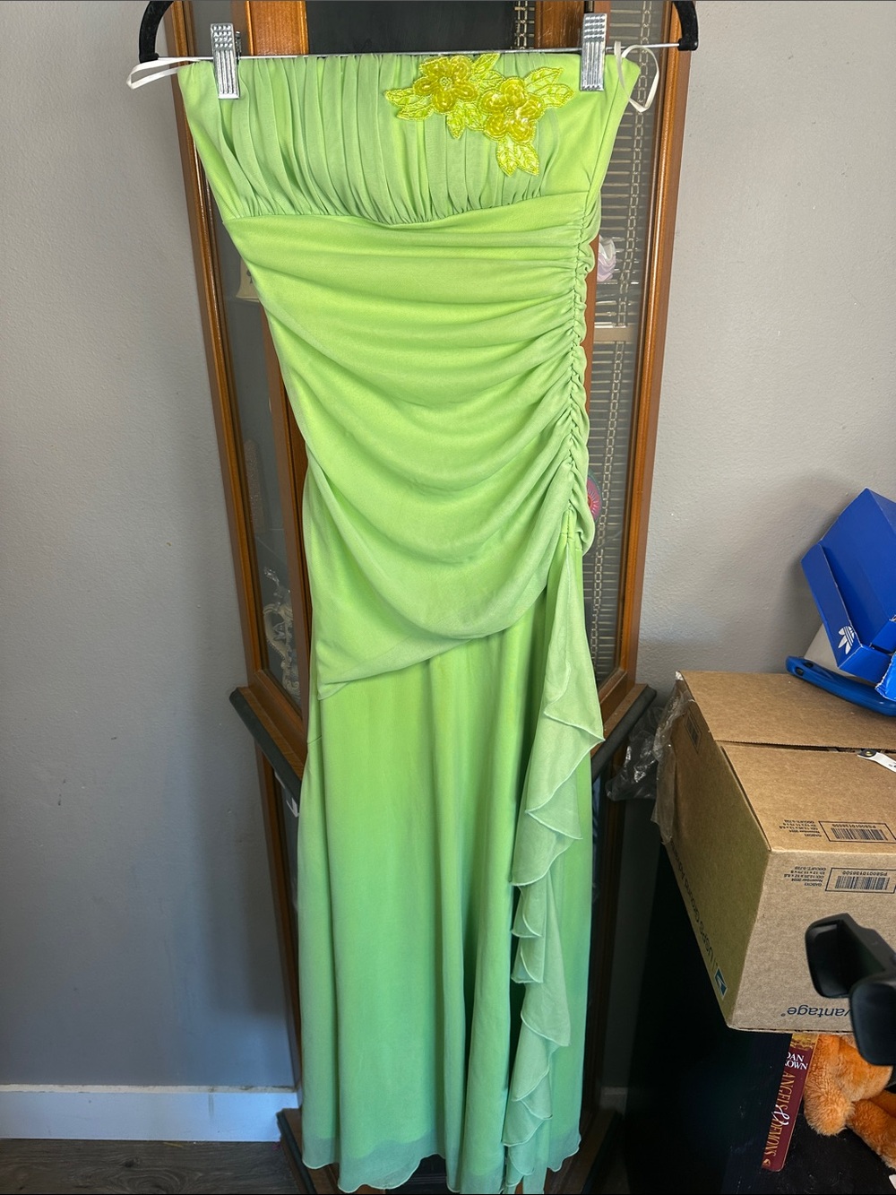Teeze Me Strapless Lime Green Ruffle Gown with Floral Applique